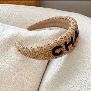 Tan Woven Headband with Black Embroidered Lettering